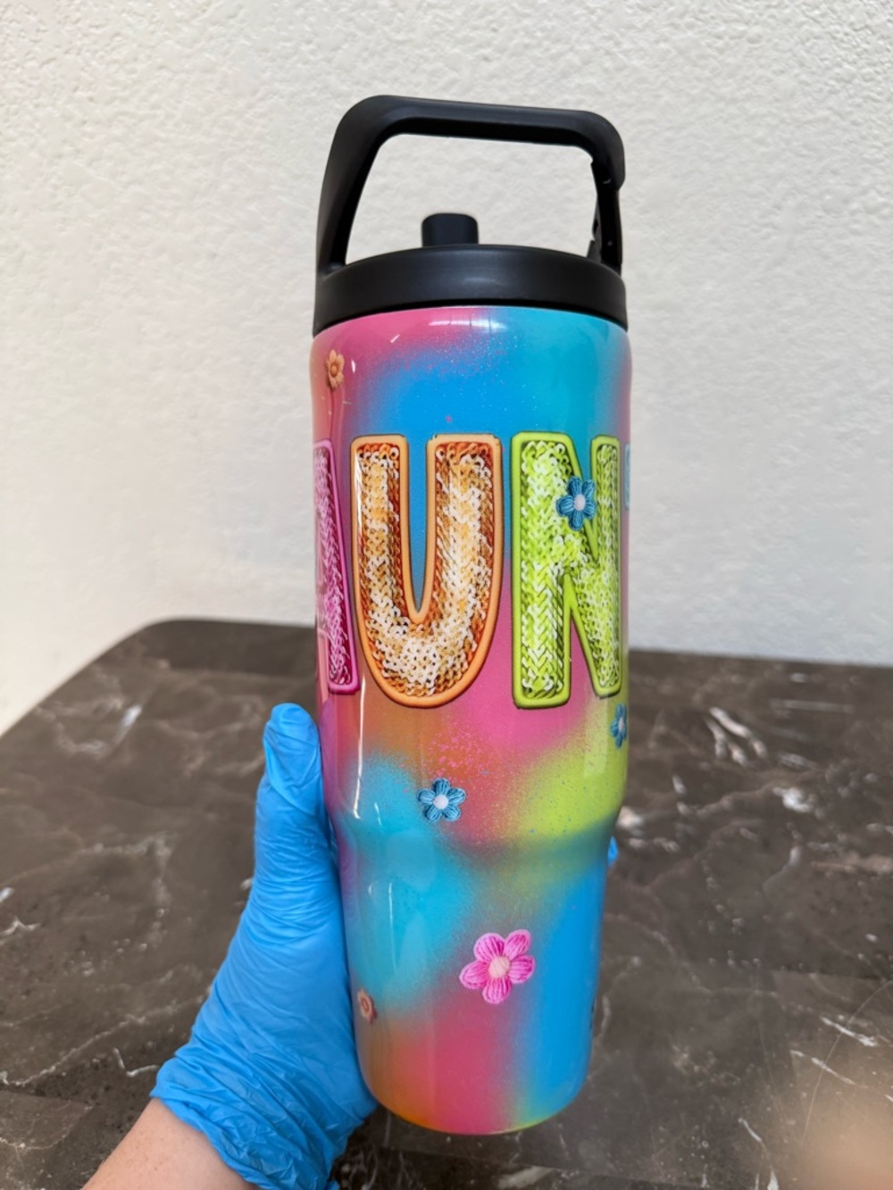 Colorful Rainbow Auntie Glitter Tumbler Cup 30 oz ClipMate Flip Top Hydro Bottle